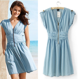 Free shipping!  Fashion slim V-neck  short-sleeve dress women's denim dress A200