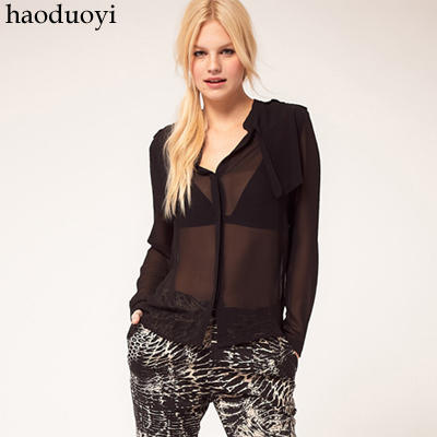 Free Shipping Fashion small stand collar epaulette female slim chiffon shirt black 6 full