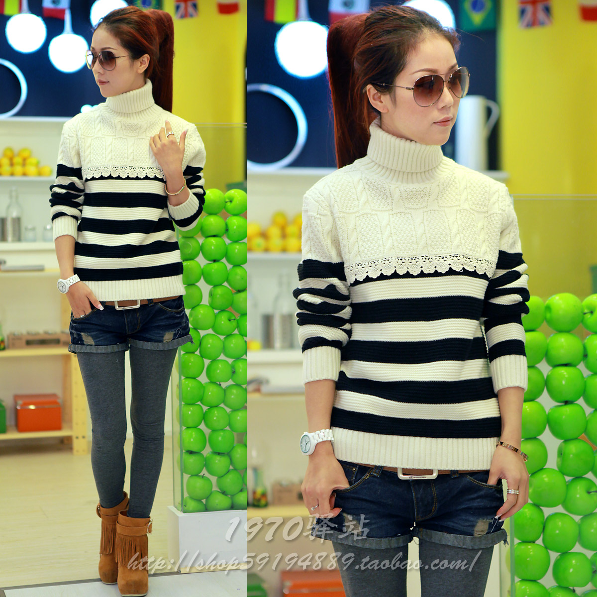 Free Shipping! Fashion spring and autumn stripe Long-sleeve turtleneck knitted sweaters for women