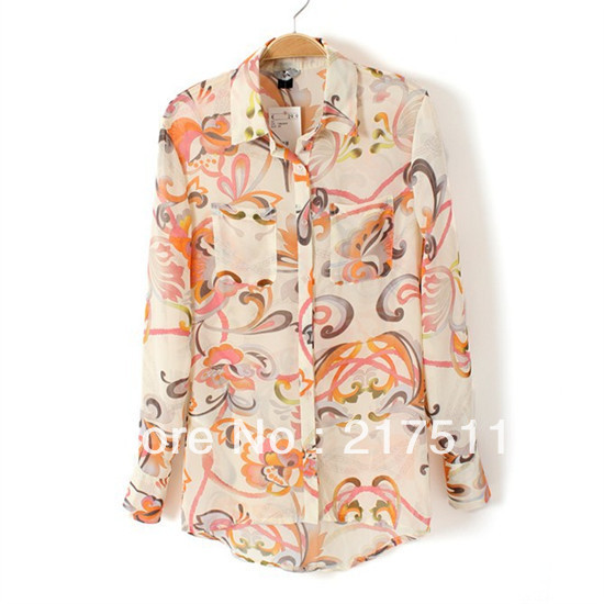 Free Shipping Fashion Spring Long Sleeve Shirts Women Floral Print Pockets Blouse Loose Turn down Collar Lady Chiffon Shirts 2