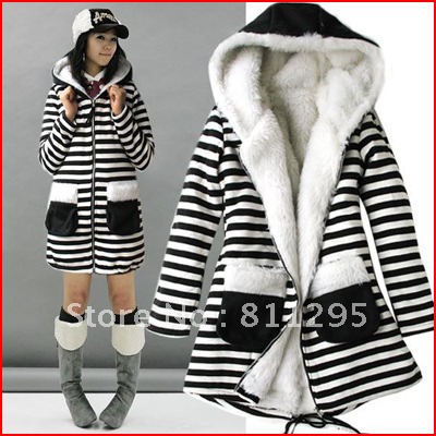 Free shipping  fashion stripe thickening plus velvet with a hood long-sleeve jacket outerwear down coat