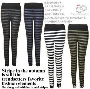 Free Shipping Fashion Striped Leather PU Picthwork Leggings Pants For Women #57700