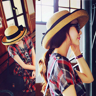 Free shipping fashion style flat top black bowknot ribbon Rattan Plaited Articles women straw hat sun hat