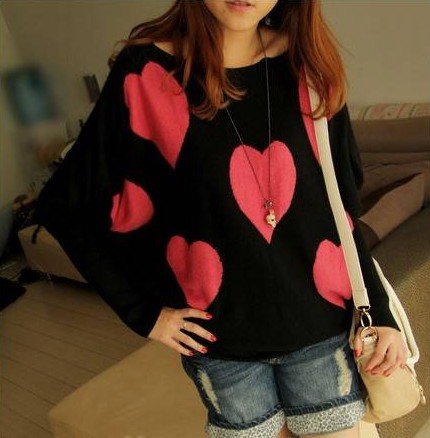 Free Shipping Fashion Sweet Heart Printed Batwing Long Sleeves Casual Sweater,Fashion Women's Sweaters/Wholesale/Retail/DropShip