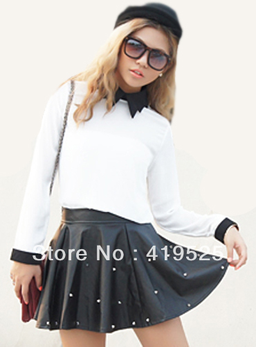 Free shipping Fashion sweet Rivets Black PU Leather puff Sexy short Skirt Hot Selling
