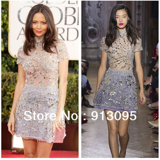 Free shipping Fashion THANDIE NEWTON Golden Globe 2013 Silver beaded Celebrity dress high neck short evening dress For sale