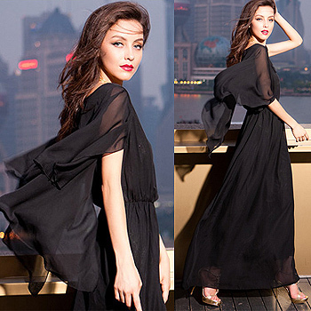 Free shipping! Fashion tippet sleeve length skirt chiffon one-piece dress women's black luxury dinner evening dress 942