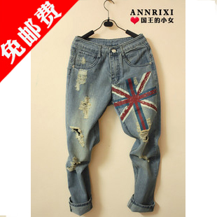 Free shipping Fashion torx flag hole retro finishing super handsome pants jeans