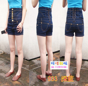 Free Shipping Fashion vintage jumpsuit high waist pants gold buckle denim shorts female 2012 single breasted plus size
