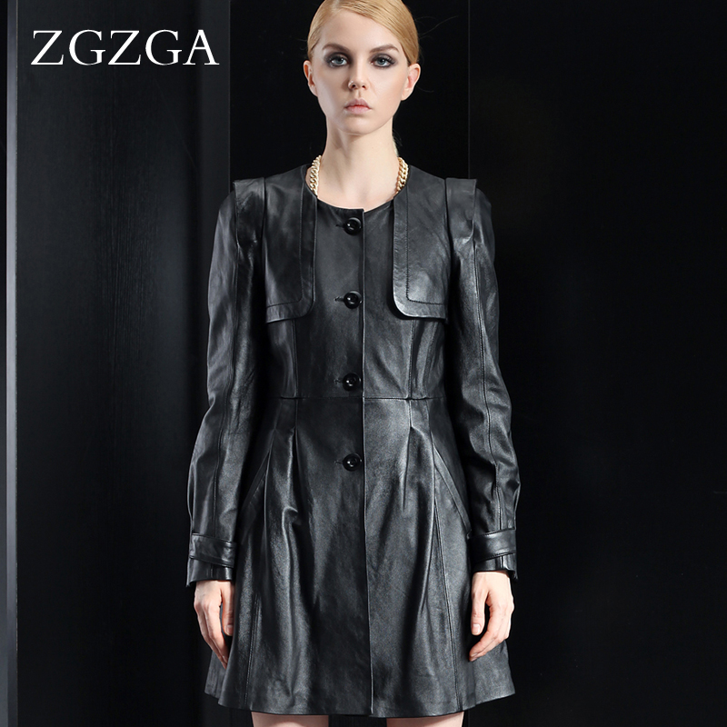 free shipping  fashion vintage long design slim genuine leather clothing women's long design leather outerwear