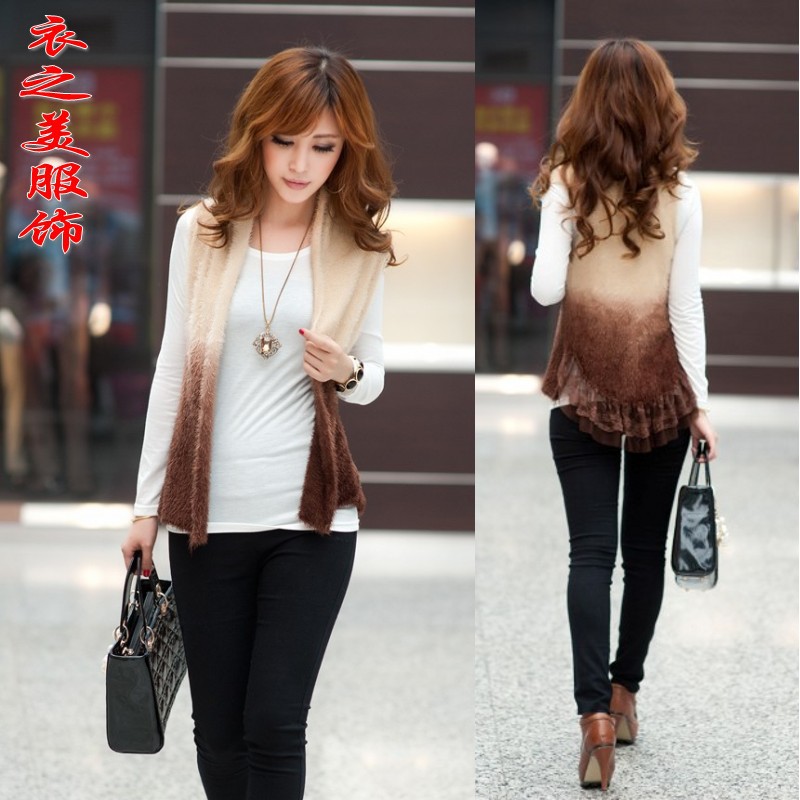 FREE SHIPPING Fashion vintage mohair macrotrichia color block sweater sleeveless vest outerwear cape sweater cardigan