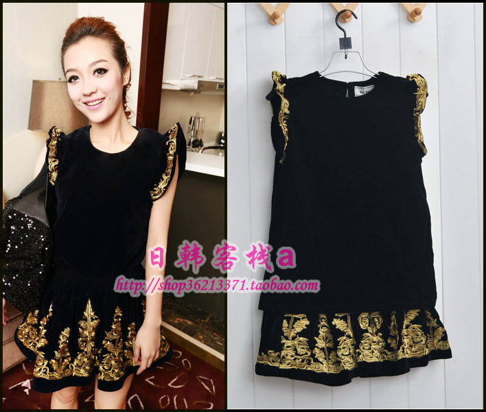Free shipping Fashion vintage one-piece dress high waist skirt bust skirt set elegant twinset embroidery gold velvet dress