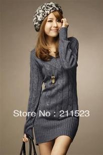 Free shipping!!! Fashion warm knitted sweater for woman, long style women Pullovers sweaters, V-neck, Beige/Blue/Green/Grey/Pink