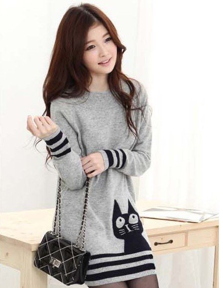 Free Shipping Fashion Winter Sweater Women's clothing Round Collar Lady Cute Cat Long Knitwear Sweater