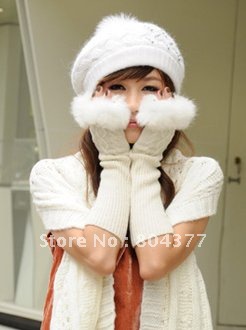 Free Shipping Fashion winter women ladies' real Genuine Leather wool long sleeve fur warm Gloves mitten SS12