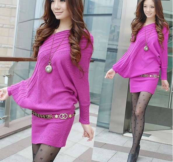 Free shipping fashion woman Long sleeve BianFuShan batwing wool dress sweater loose sweater