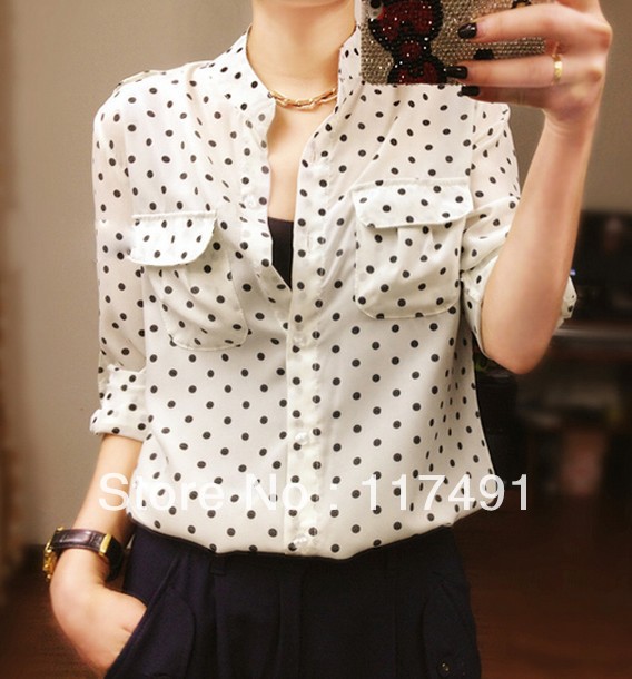 free shipping fashion woman shirt  Polka Dot printing epaulet long-sleeved loose casual blouses h*m ft001