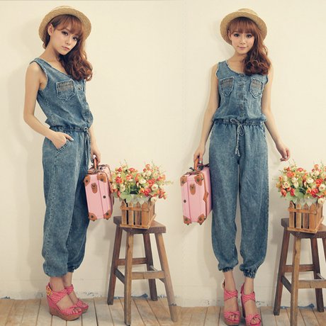 free shipping fashion women high waist banding denim jumpsuit high waist woman free size jeans suspender trousers