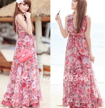 Free Shipping Fashion Women Ladies Chiffon Floral Maxi Long Beach Dresses Summer Casual Bohemia Party V Neck Sleeveless Wide Hem