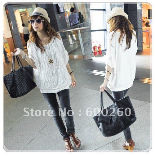 Free shipping Fashion Women Off Shoulder Wave Batwing Tops Long T-shirt Cotton Blends 2 Colors#5125