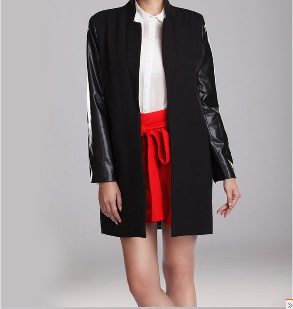 Free shipping Fashion women's 2012 autumn and winter woolen leather patchwork medium-long fashion slim overcoat outerwear trench