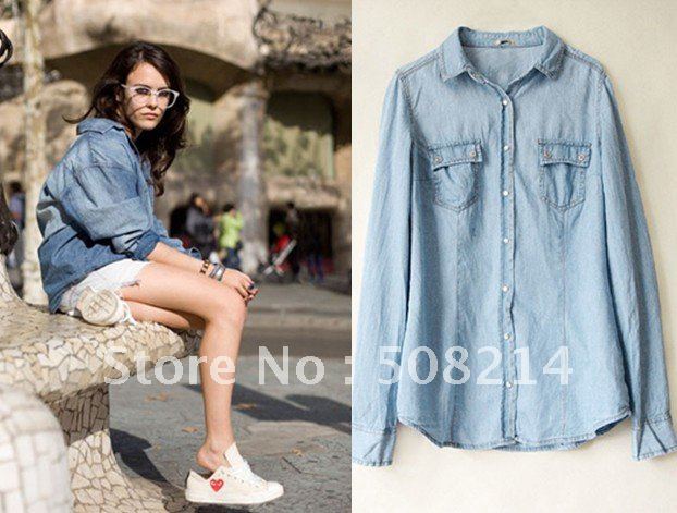 Free Shipping Fashion Women's Casual Pure Cotton Blouses Ladies' Denim Shirts/Long Jeans Blouses