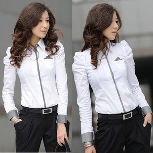 Free shipping fashion women's Cotton long Sleeve Shirt, ladies' Casual Working OL Shirts Slim Blouses Tops white color