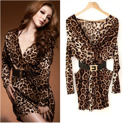 free shipping fashion women's deep V-neck leopard print cummerbund one-piece dress wholesale apparel drop ship 1910