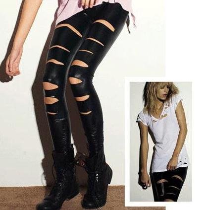 Free Shipping Fashion   Women's   Imitate leather BROKEN   Leggings pants 10pcs/1lots