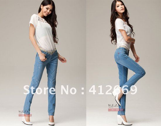 Free shipping  fashion women's  lace decorate skinny denim pants,2012 new  slim fit jeans trousers