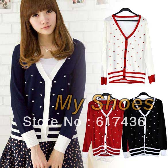 free shipping Fashion Women's Ladies Casual Sweet Heart Shape Embroidery Cardigan Knitwear Coat V-neck Sweater 4 colors  7740