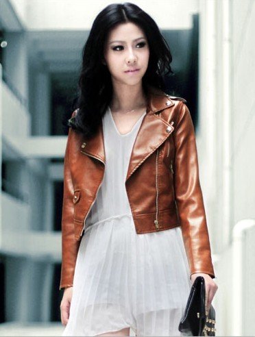 Free Shipping! Fashion Women's Leather Jacket Ladies Motorcycle PU Leather Jacket Outerwear Short Jacket --Brown 6017