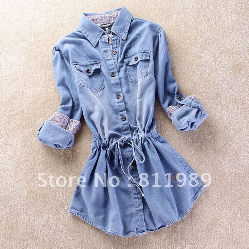 Free shipping  fashion women's solid color medium-long denim shirt long-sleeve shirt women's plus size outerwear