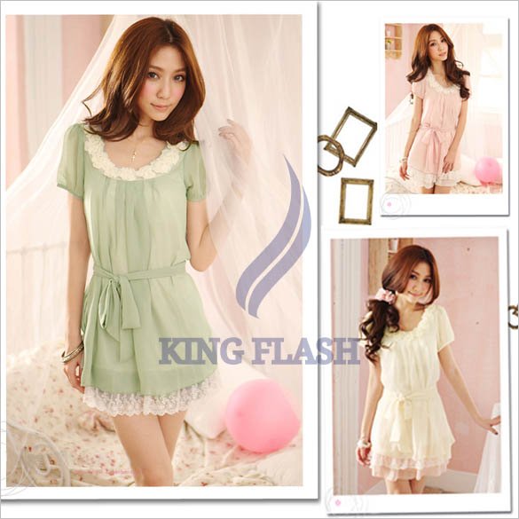 free shipping Fashion Women's Stylish Chiffon Tunic Short Sleeve Lacey Beaded Mini Dresses with Belt 3717