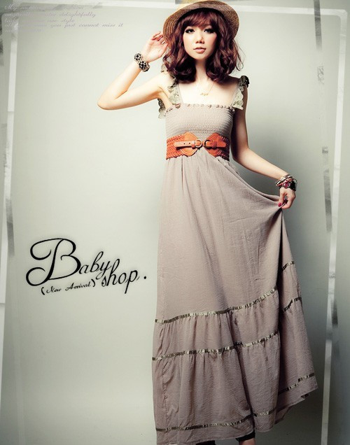 free shipping fashion women's Sweet lotus leaf shoulder strap long design one-piece dress wholesale apparel drop ship 1489