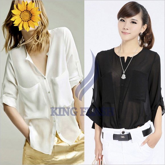 Free shipping Fashion Women Simple Basic Sheer Chiffon T-Shirt Blouse With Pockets 2 Colors