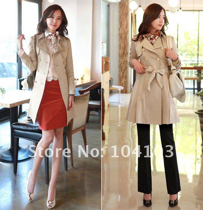 Free shipping fashion women trench coat office lady elegant double breasted lace belt military long overcoat windbreaker