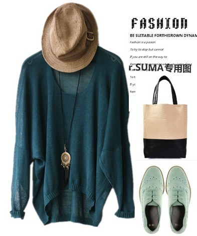 Free shipping fashion women vintage candy color long-sleeve batwing shirt sweater asymmetrical loose o-neck knitted wear  WS2333