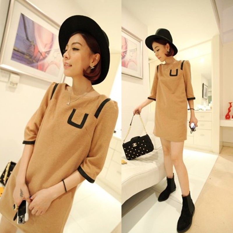 Free Shipping Fashion woolen 2013 leather pocket half sleeve slim all-match women's one-piece dress