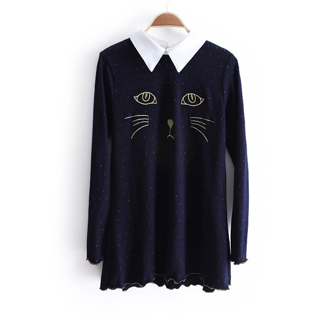 Free Shipping Fashionable 2013 Long Sleeve Peter Pan Collar Cartoon Cat Print Cute Blouses For Women