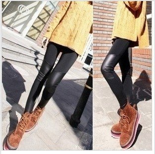 Free Shipping! Fashionable imitation leather joining together Leggings