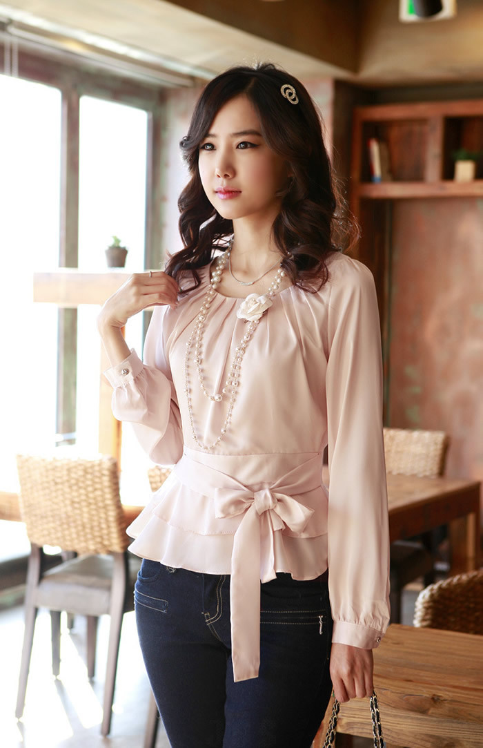 Free shipping fashionable women blouse OL dress shirt  tops office lady rayon tops long sleeve formal work blouses pink color