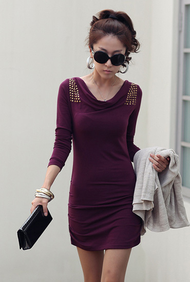 Free shipping Fashionladies dress Rivet Round Collar Women's Clothing Slim Dress 3 Colours