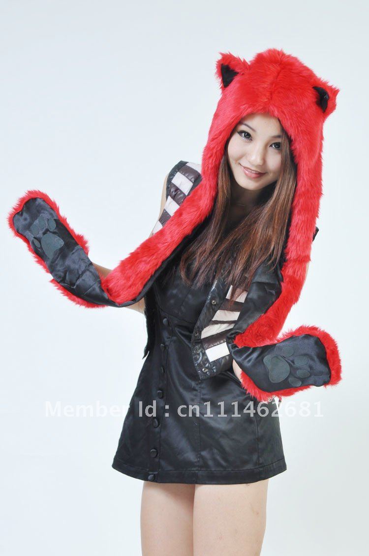 Free Shipping Faux Fur Animal Hood Spirit Hat Animal Hats Beanie Cap Fire Red Wolf Hat Animal Hoodie