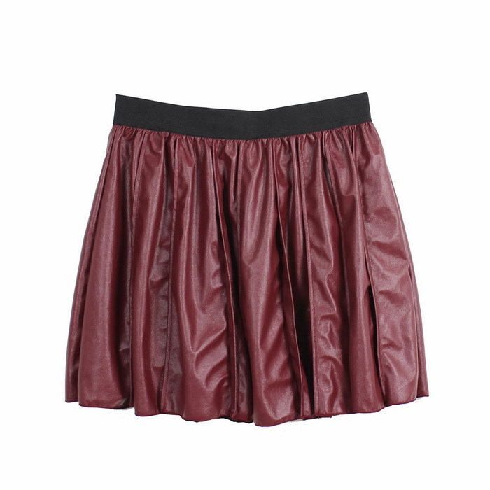 Free shipping Faux leather elastic waist pleated leather skirt short skirt bust skirt pleated skirt