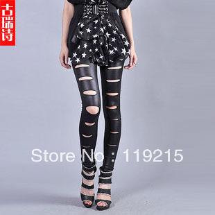 Free shipping Faux leather hole legging fashion matt faux leather pants slim breathable pants normal