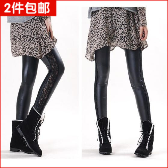 Free Shipping Faux leather legging lace patchwork ankle length trousers female skinny pants slim