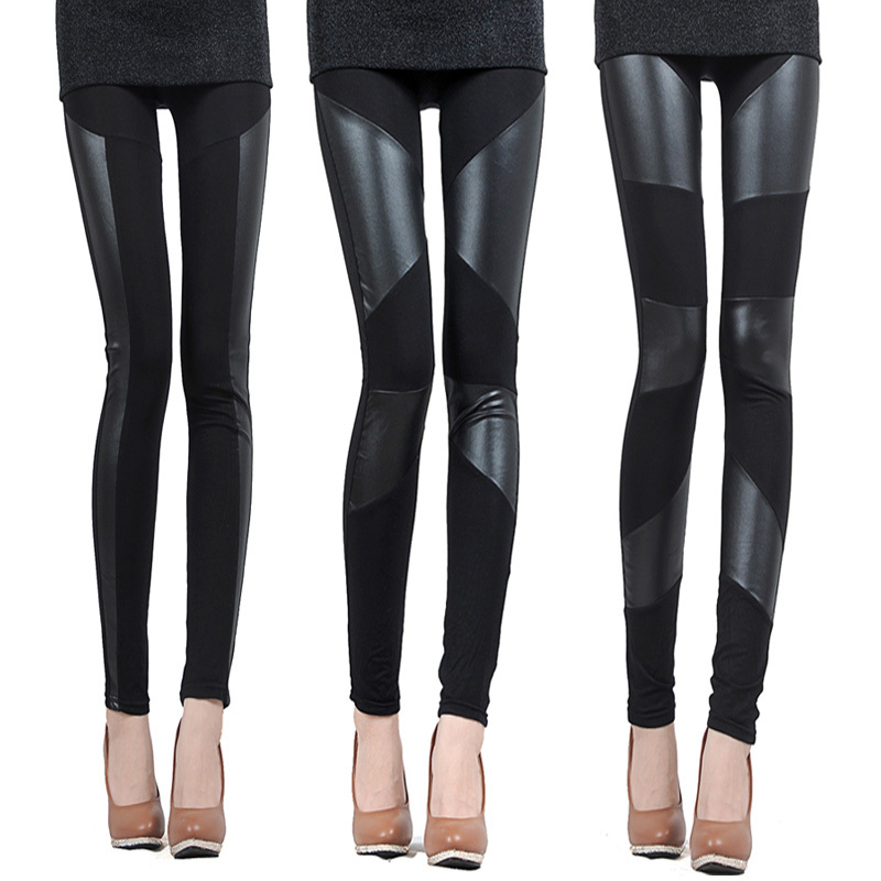 free shipping Faux leather pants patchwork black legging trousers pants 2013 spring gauze