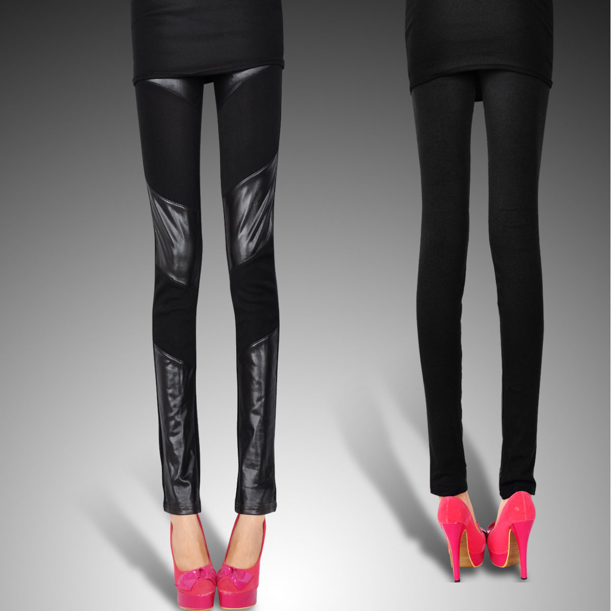 free shipping Faux leather pants patchwork legging elastic ankle length trousers black glossy faux leather legging female autumn