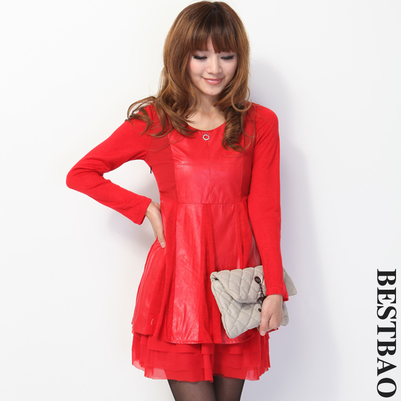 free shipping Faux leather slim one-piece dress chiffon patchwork skirt diamond new arrival bestbao female 9301